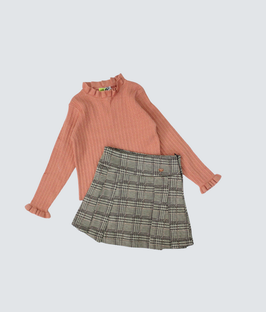 set falda a cuadros con blusa cuello ruffle