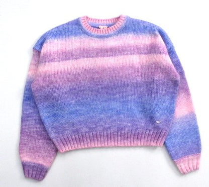 suéter a rayas, tejido tonos morados y rosas
