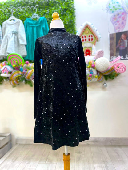 vestido recto manga larga terciopelo con destellos plata