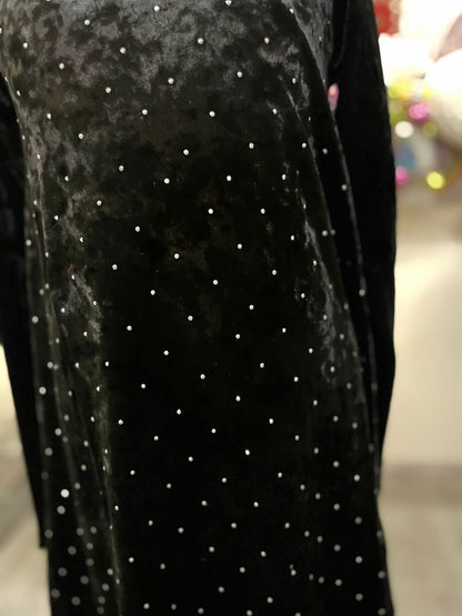 vestido recto manga larga terciopelo con destellos plata