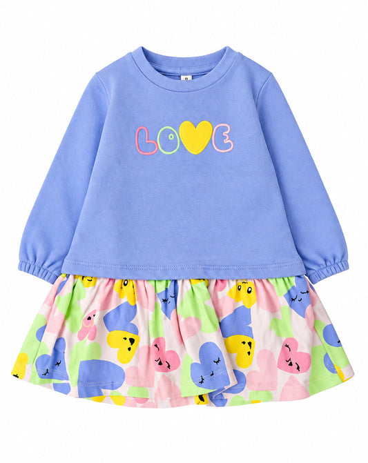 vestido lana azul, con falda prints corazones