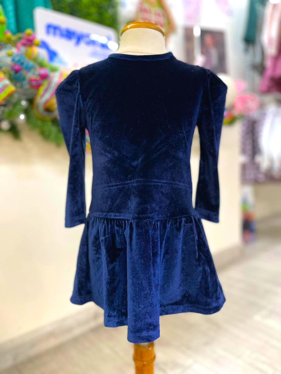 vestido manga larga, terciopelo. color azul navy