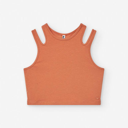 Set blusa naranja y short mezclilla, tiro alto