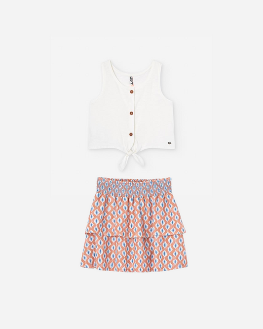 Set blusa blanca falda olanes naranja