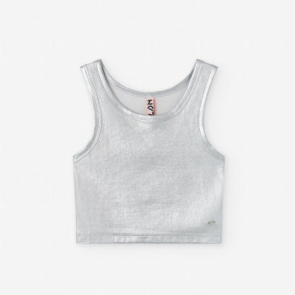 Set blusa plata con short mezclilla destello metálico