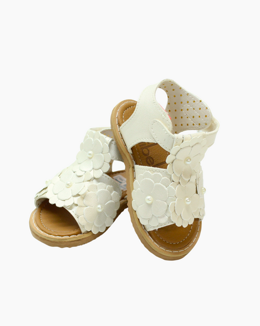 Huarache velcro con flores ivory perla