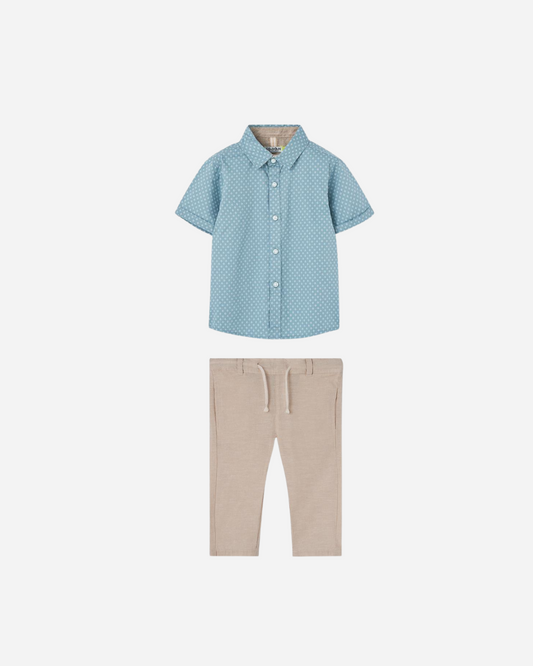 Set azul y pantalón lino con jareta
