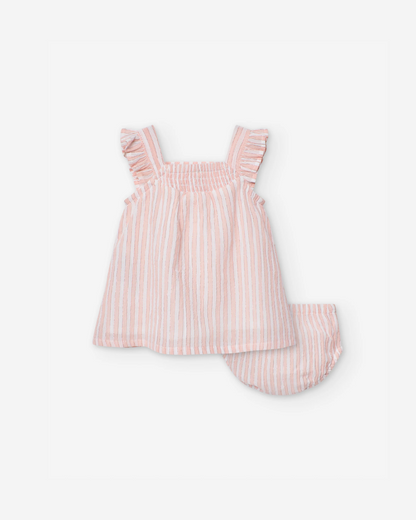 Vestido + Cubrepañal Rayas y Bordados para Recién Nacida, Blanco/Rosa