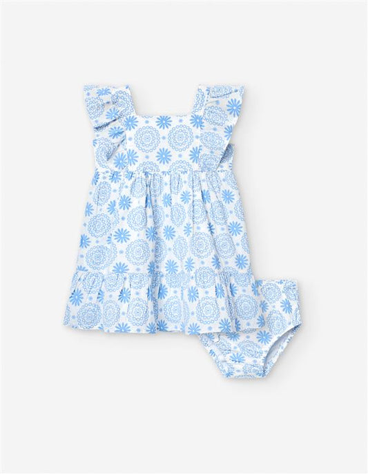 Vestido blanco, flores azules, olan en manga