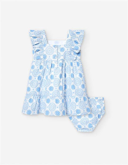 Vestido blanco, flores azules, olan en manga