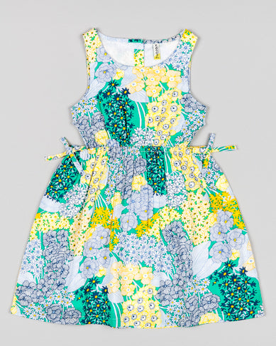 vestido flores azul amarillo y verde, elástico en la cintura