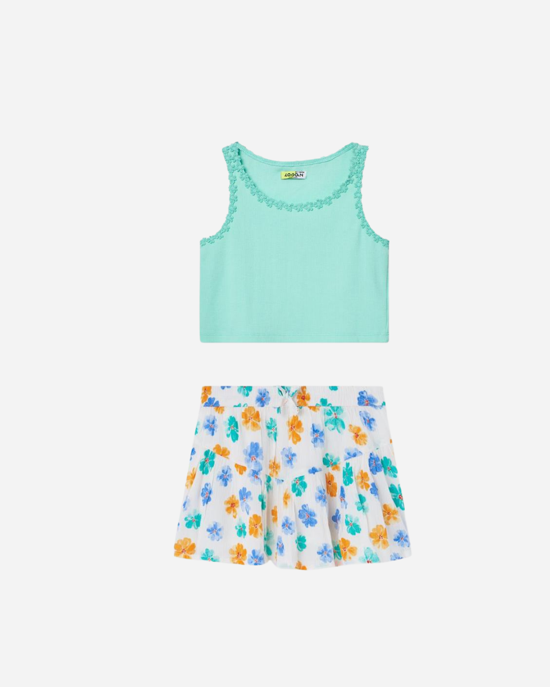 Set blusa verde esmeralda falda volada de flores
