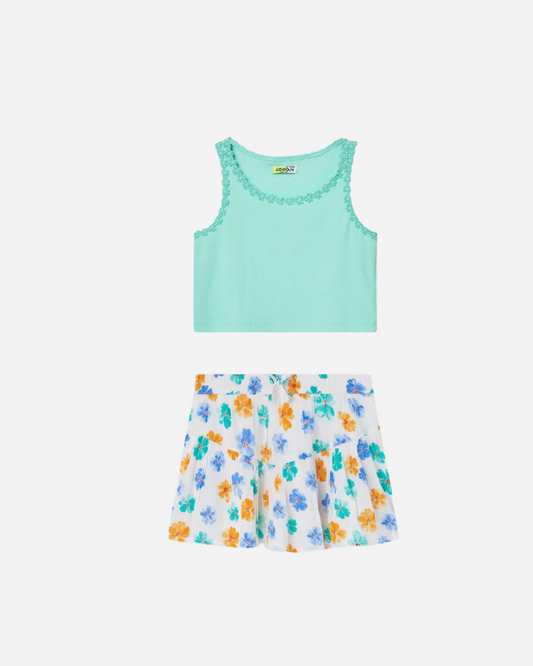 Set blusa verde esmeralda falda volada de flores