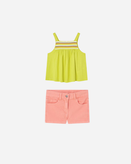 Set blusa verde limón y short  naranja