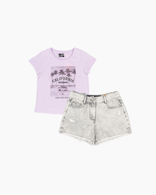 Set 2 piezas short denim gris y camiseta lila