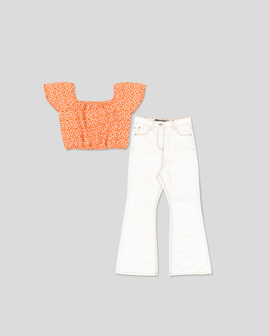 Set 2 piezas blusa flores naranjas y pantalón campana color crudo