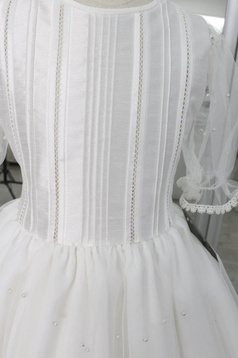 Vestido comunión falda perlas, manga tres cuartos