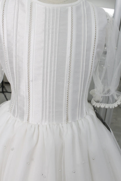 Vestido comunión falda perlas, manga tres cuartos