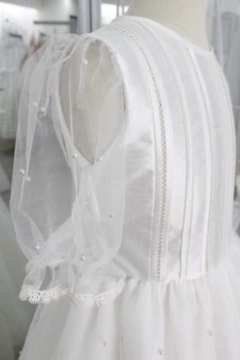 Vestido comunión falda perlas, manga tres cuartos