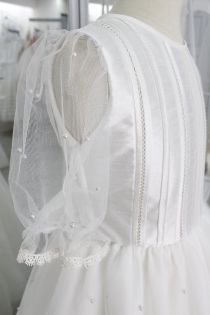 Vestido comunión falda perlas, manga tres cuartos