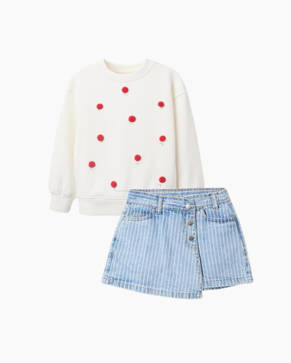 Set Sudadera de Algodón con Lunares en Relieve y Short Falda Denim