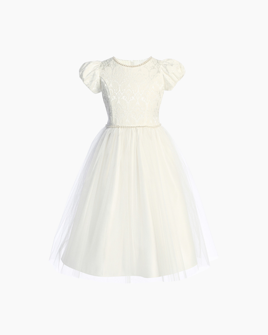 Vestido blanco  talle brocado, falda tul, cinto de perlas  y cuello bordado