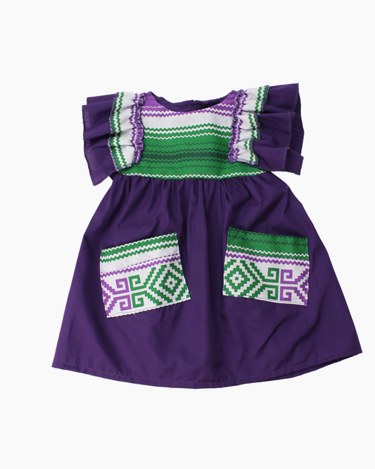 vestido patrio popelina morado peto a rayas verde