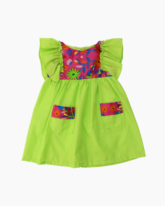 vestido patrio popelina verde peto rosa flores