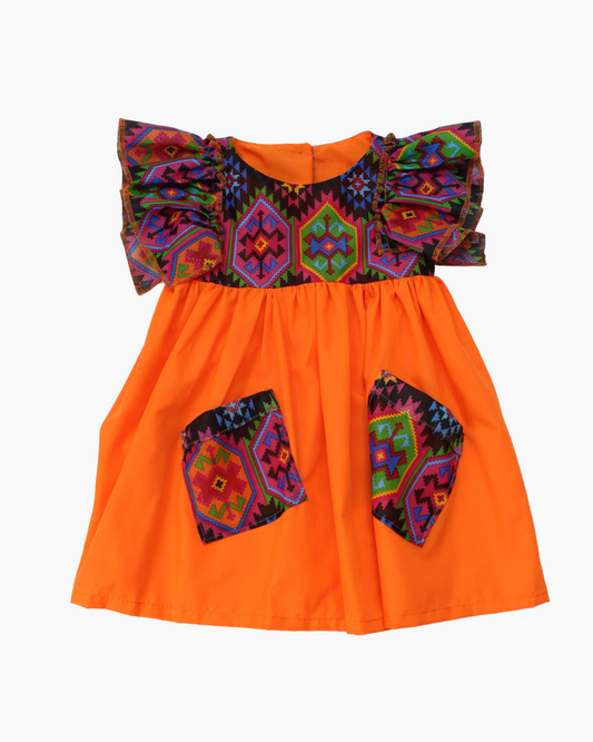vestido patrio popelina naranja con peto textura morada y negro