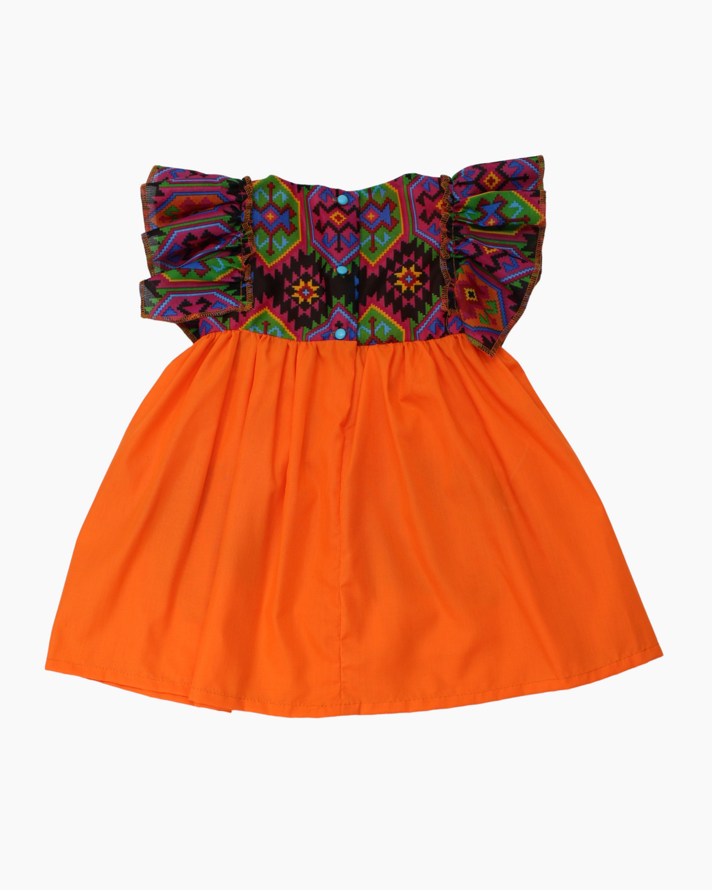 vestido patrio popelina naranja con peto textura morada y negro