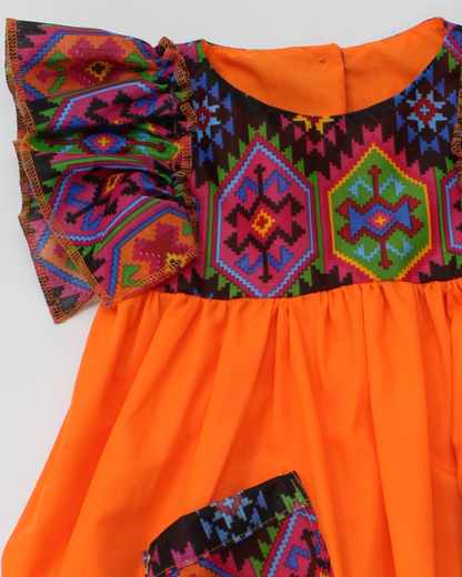 vestido patrio popelina naranja con peto textura morada y negro