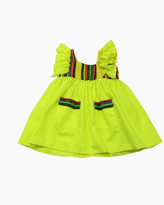 vestido patrio popelina amarillo neon con peto a rayas colores