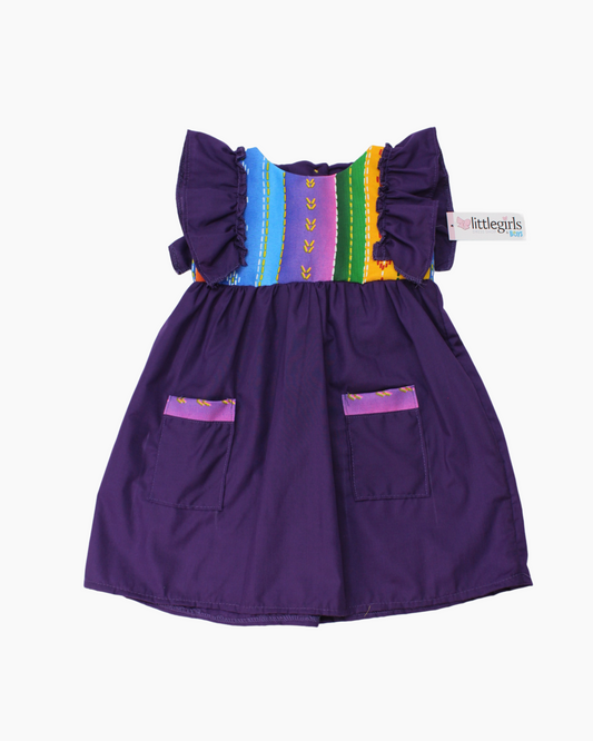 vestido patrio popelina morado con peto a rayas colores azul, amarillo, verde
