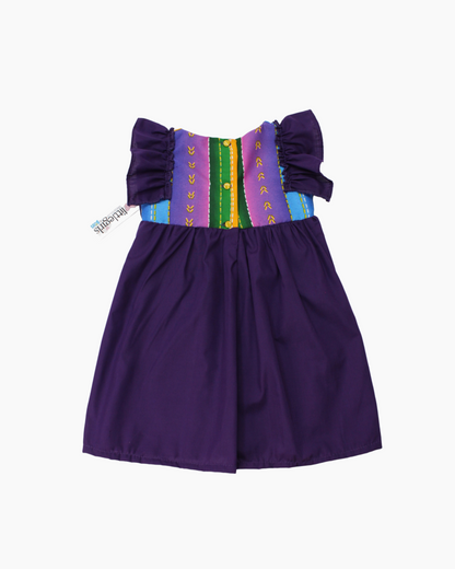 vestido patrio popelina morado con peto a rayas colores azul, amarillo, verde