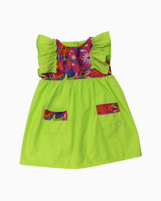 vestido patrio popelina verde limón con peto flores colores azul, amarillo, verde