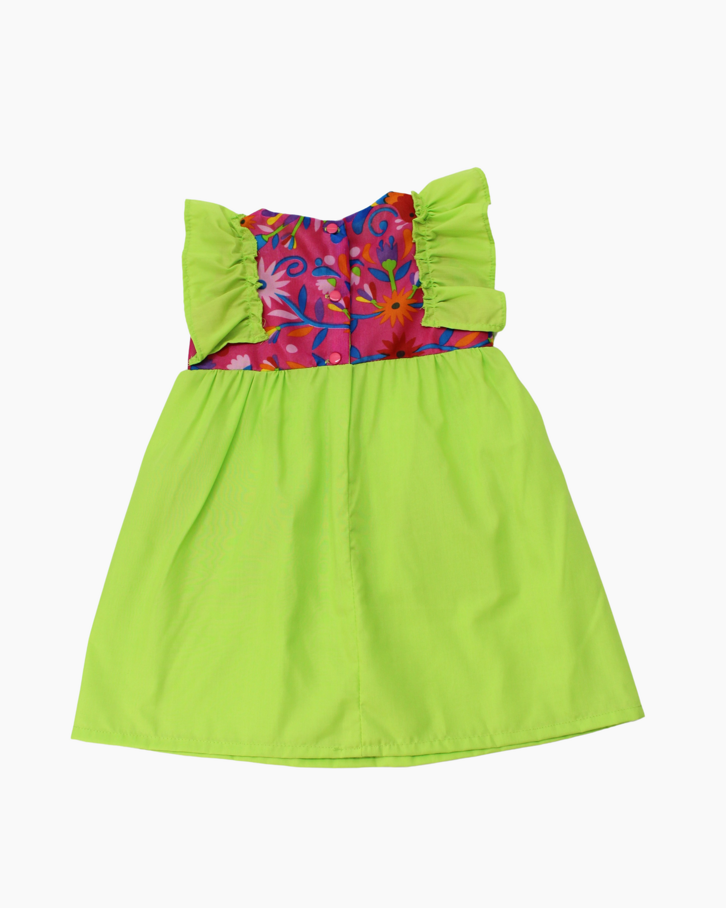 vestido patrio popelina verde limón con peto flores colores azul, amarillo, verde