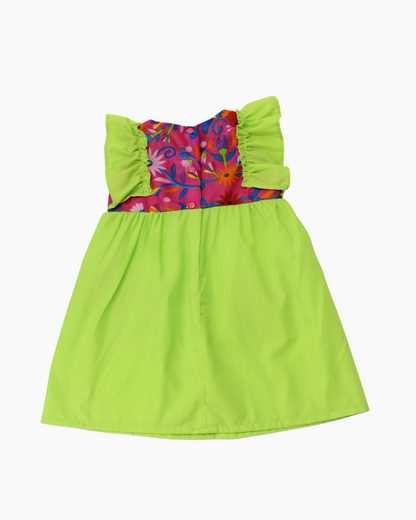 vestido patrio popelina verde limón con peto flores colores azul, amarillo, verde
