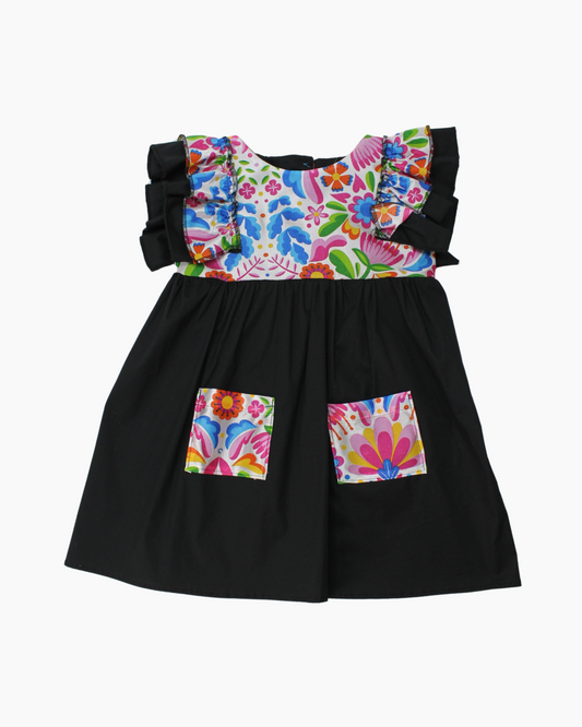 vestido patrio popelina negro peto flores colores azul, amarillo, verde
