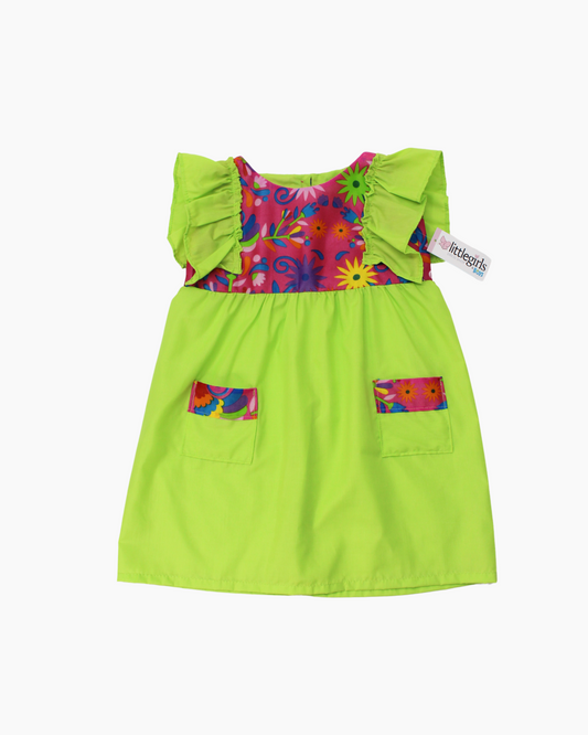 vestido patrio popelina verde limón, peto flores colores azul, amarillo, verde