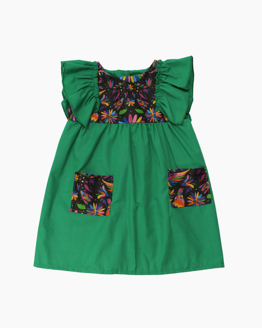 vestido patrio popelina verde bandera, peto flores colores azul, amarillo, verde