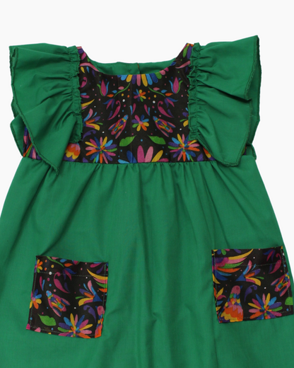 vestido patrio popelina verde bandera, peto flores colores azul, amarillo, verde