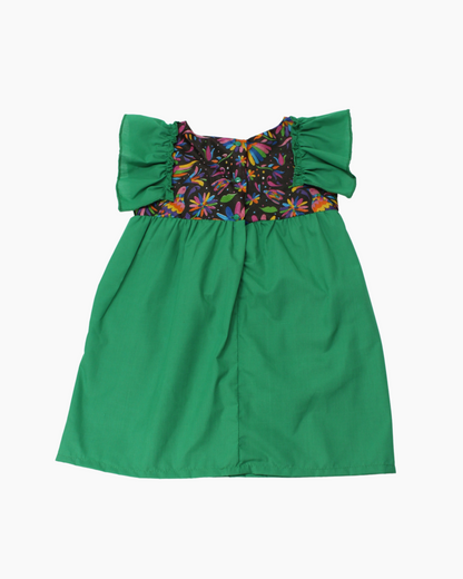 vestido patrio popelina verde bandera, peto flores colores azul, amarillo, verde