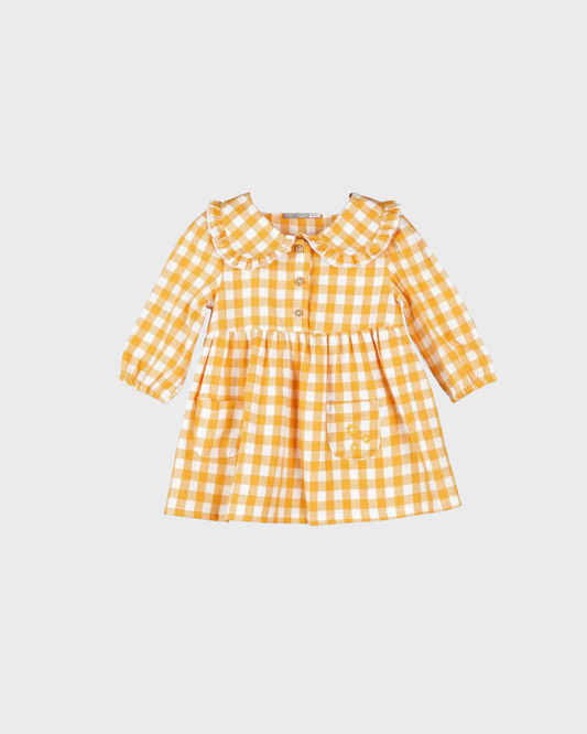 vestido manga larga, cuadros mostaza de franela