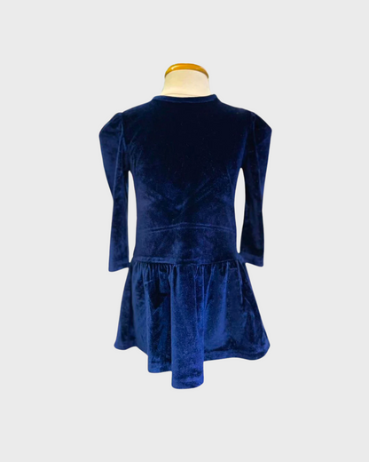 vestido manga larga, terciopelo. color azul navy