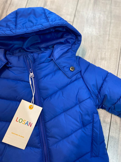 chamarra acolchada color azul, gorro desprendible