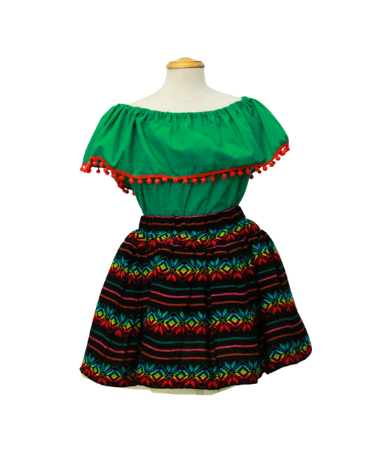 SET PATRIO TUTU CON BLUSA CAMPESINA VERDE POMPON ROJO, FALDA RAYAS CAMBAYA