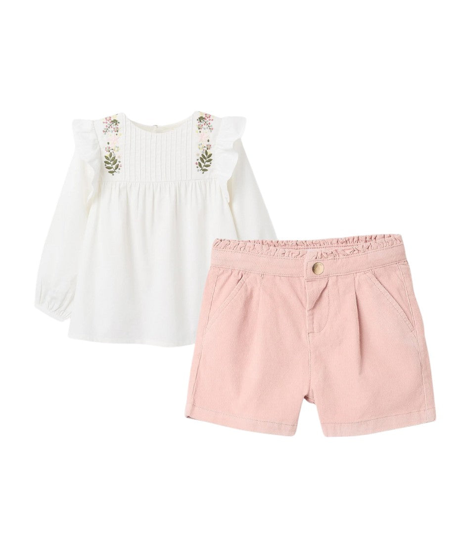 Set short pana rosa con blusa manga larga bordados laterales