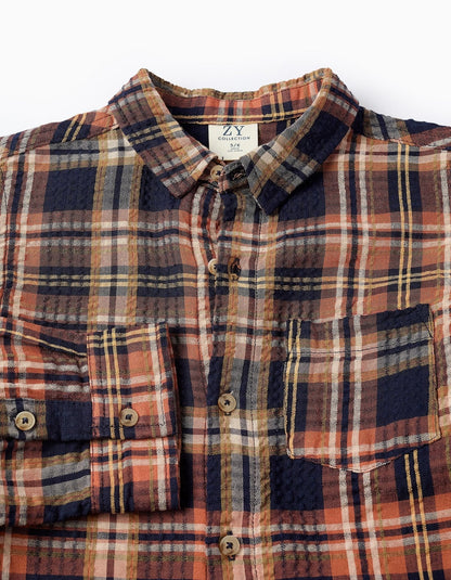 camisa a cuadros café y azul
