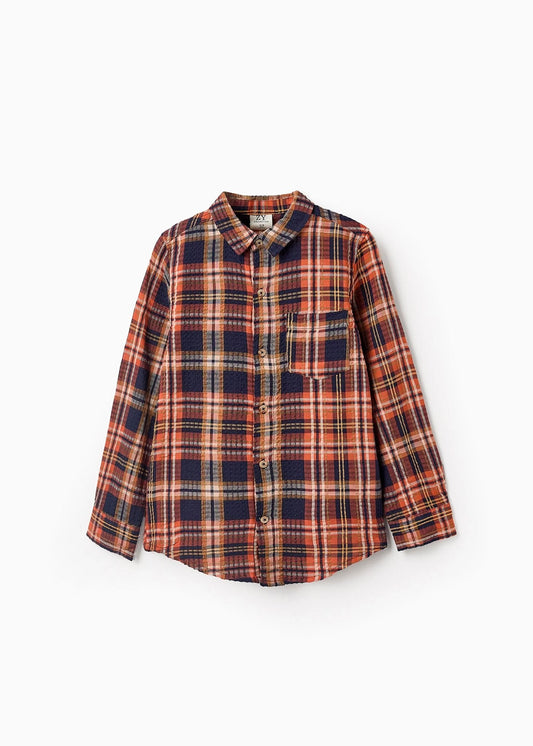 camisa a cuadros café y azul