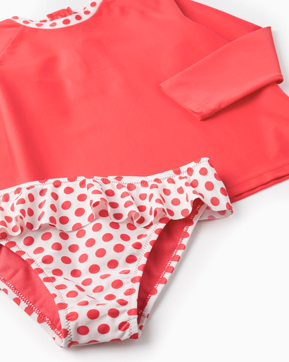 Camiseta + Braguita de Baño UPF80 para Bebé Niña 'Lunares', Rojo